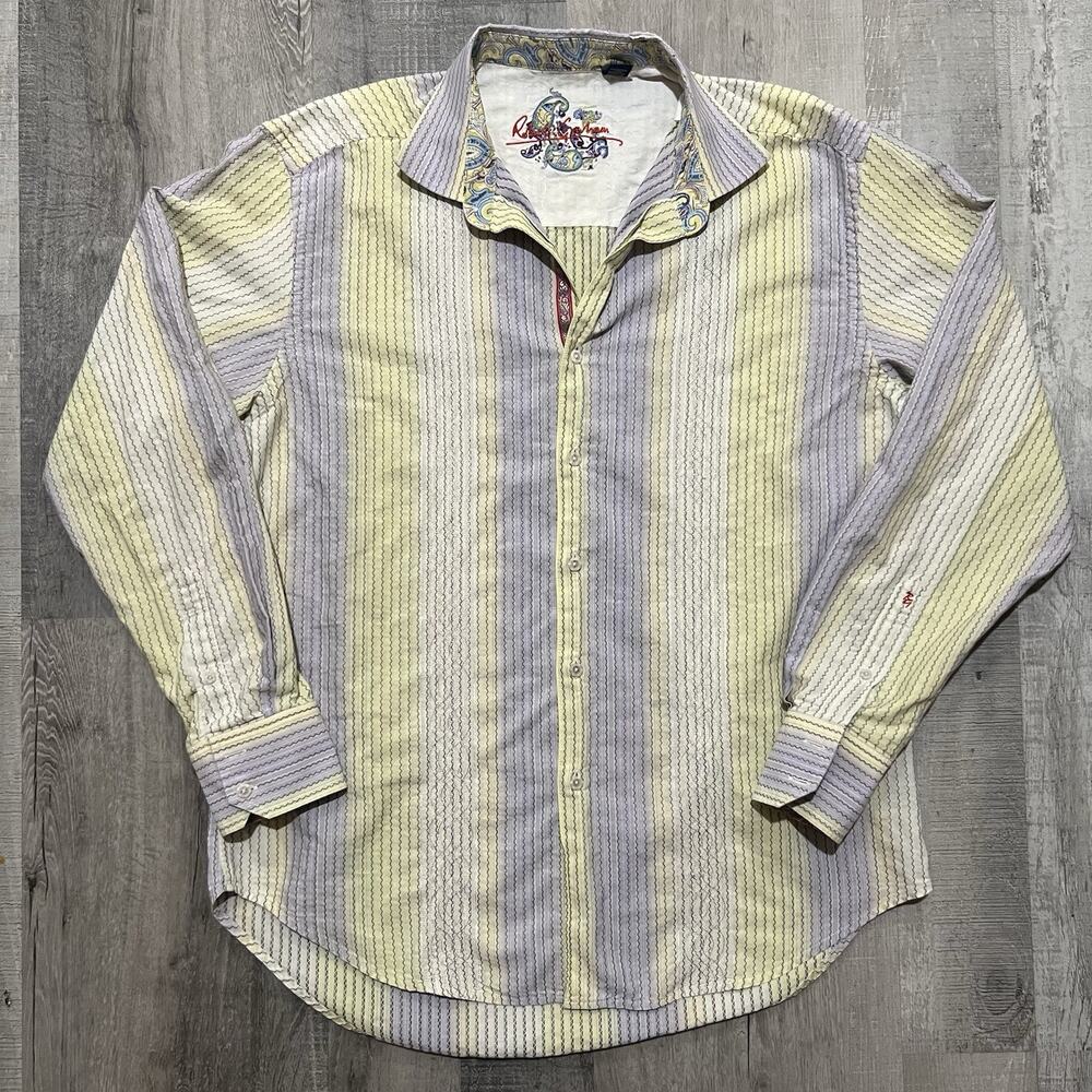 Robert Graham Mens XL Emroidered Striped Flip Cuff Long Sleeve Button Up Shirt